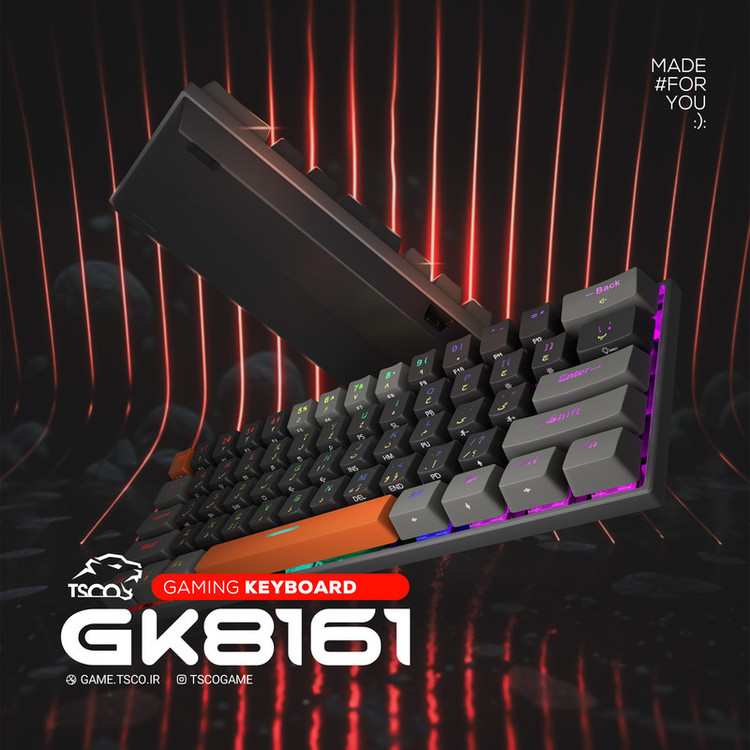 کیبورد گیمینگ تسکو مدل GK 8161، مکانیکال سوییچ نقرهای، Tenkeyless، نورپردازی RGB