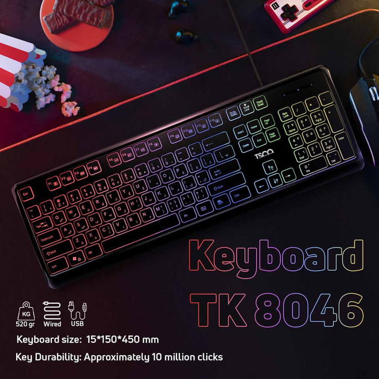 کیبورد تسکو مدل TK 8046،سوییچ ممبران، Full-size، نورپردازی RGB
