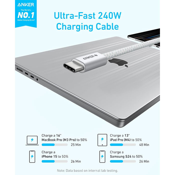 کابل تبدیل USB-C به USB-C انکر مدل Zolo A8060 طول 1.8 متر با توان 240 وات