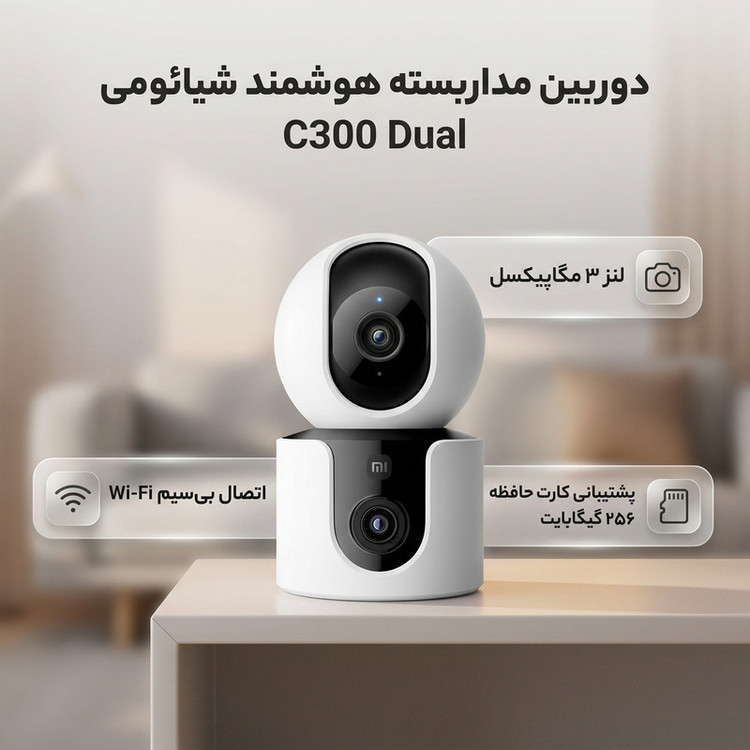 دوربین مداربسته تحت شبکه بیسیم شیائومی مدل C300 Dual MJSXJ22CM با لنز 3 مگاپیکسل، رزولوشن 1296×2304 پیکسل، پشتیبانی از کارت حافظه 16 تا 256 گیگ و اتصال Wi-Fi و بلوتوث